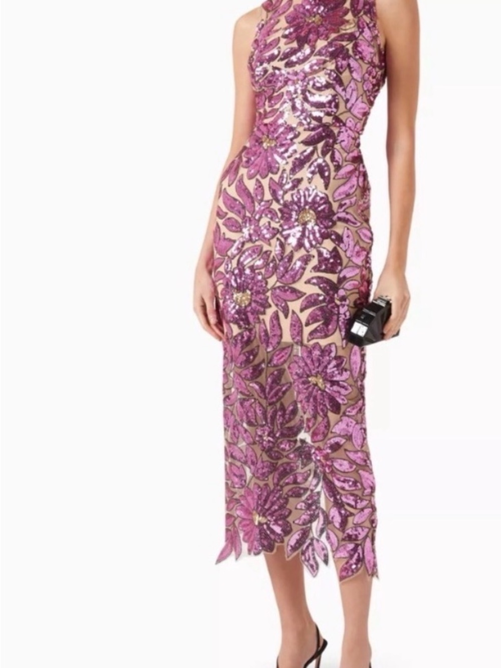Milly Pink Purple Sequin Floral Midi Dress